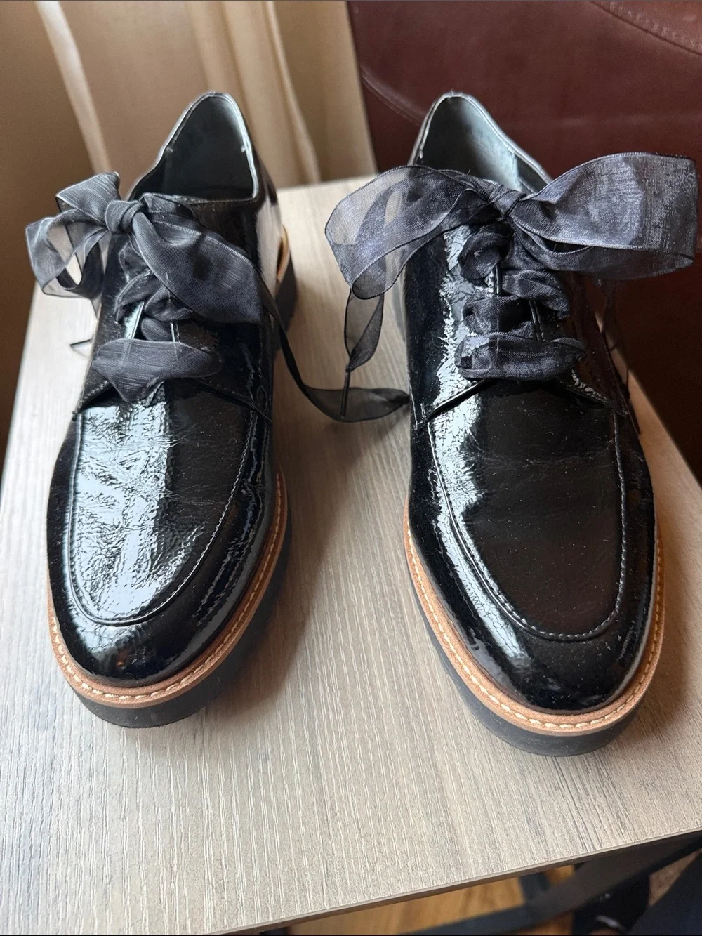 Franco Sarto Black Patent Leather Derby with Ribbon Laces